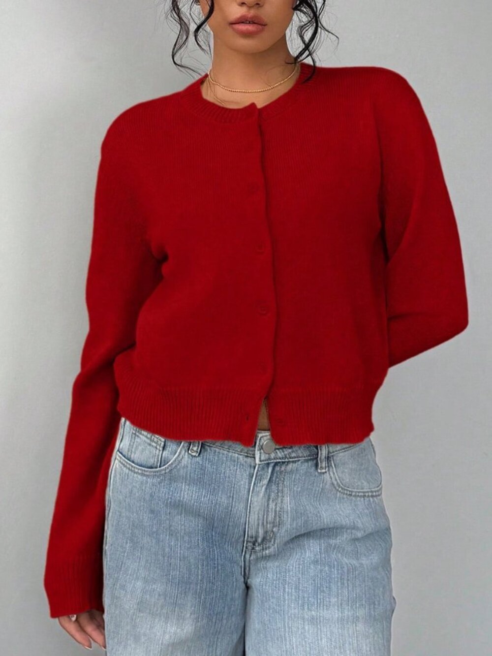 Red Casual Women's Fuzzy Regular Fit Round Neck Short Cardigan